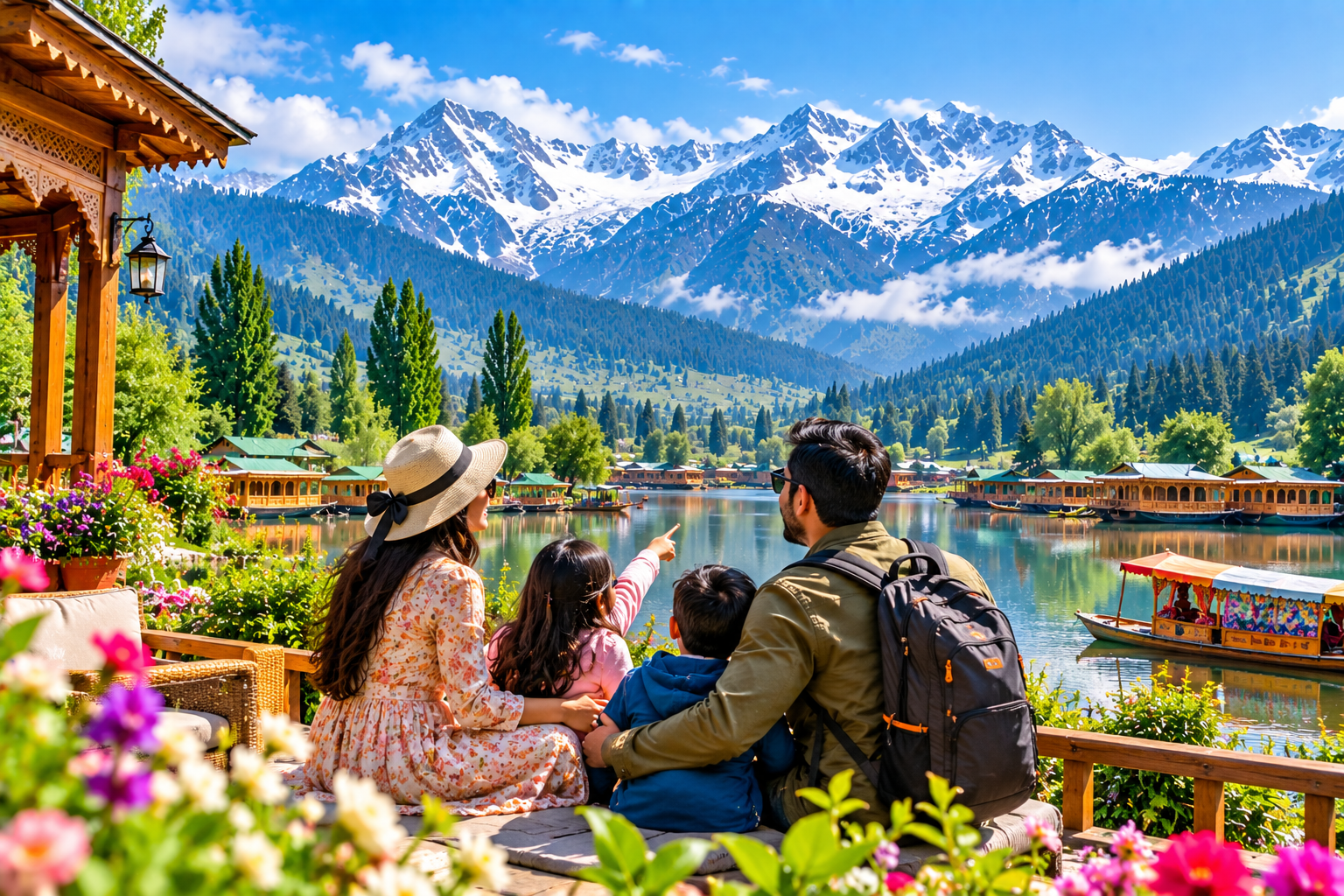Family enjoying a lakeside view in the Kashmir valley on a family tour package