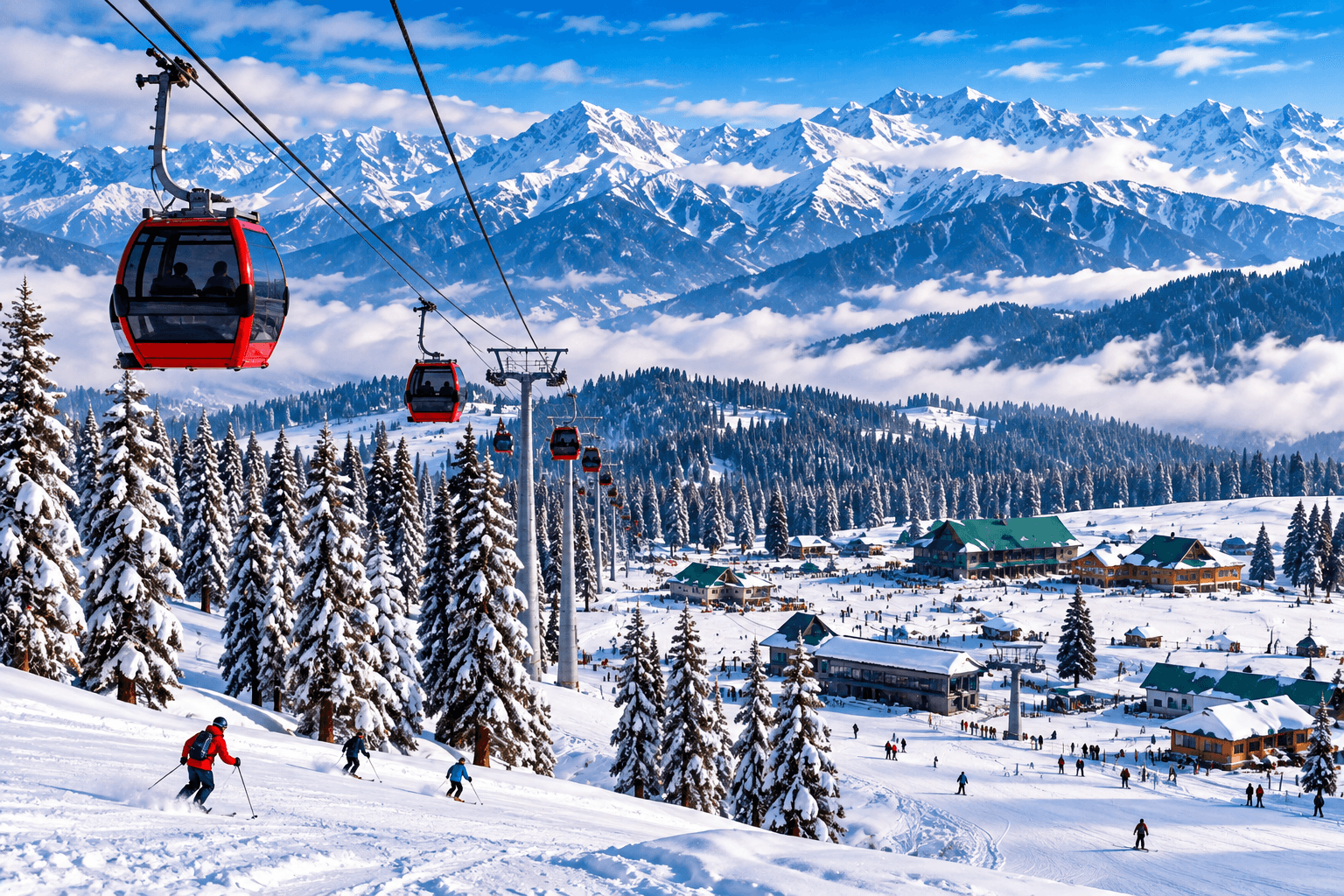 Gulmarg Gondola above snow-covered slopes on a Kashmir tour package
