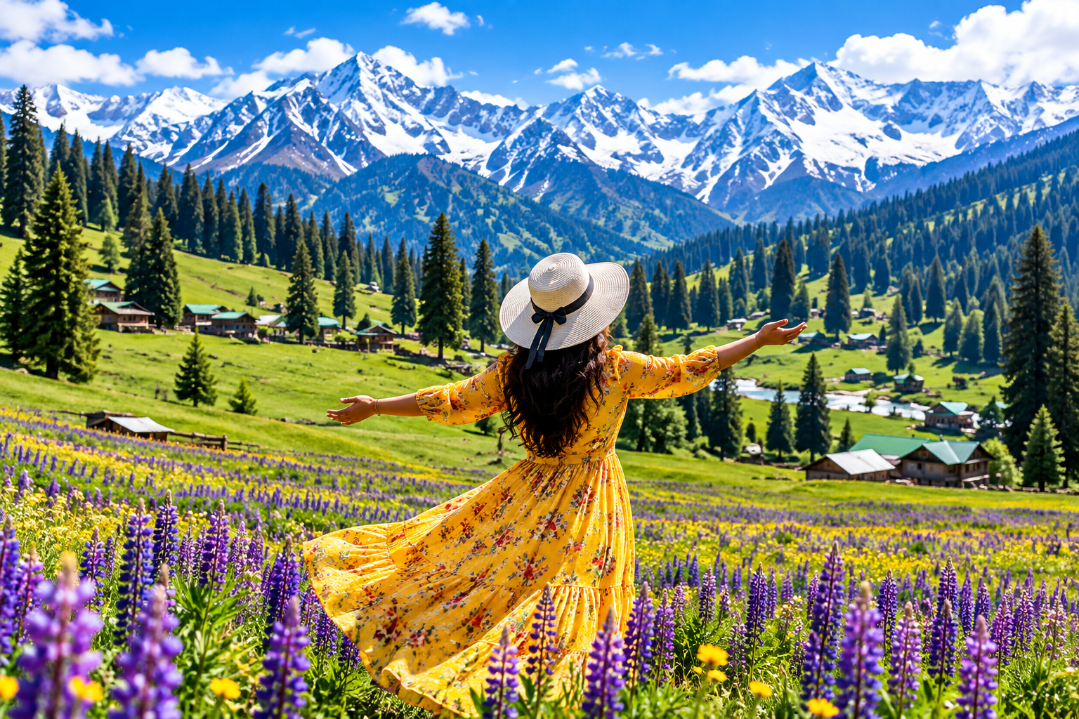 Traveller in a wildflower meadow with snow peaks on the Kashmir Paradise tour package