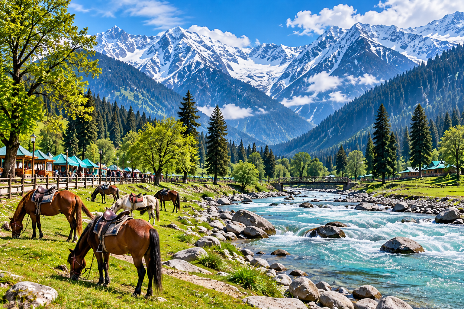 Horses grazing by the Lidder river in Pahalgam, Kashmir holiday package