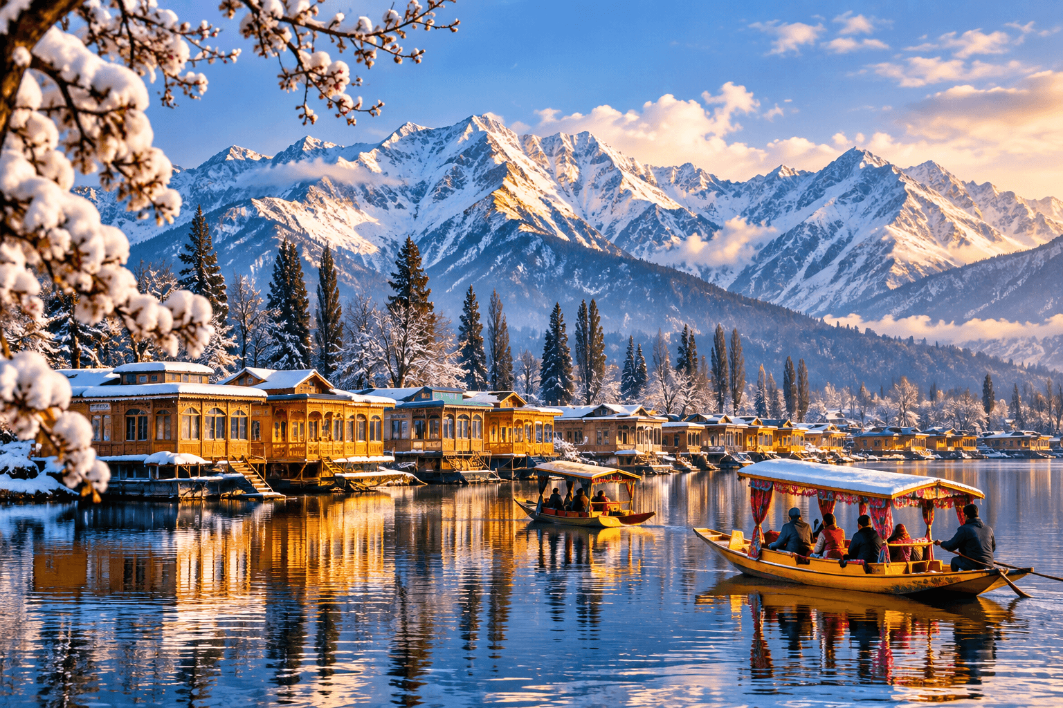 Houseboats and shikara on Dal Lake in Srinagar at golden hour