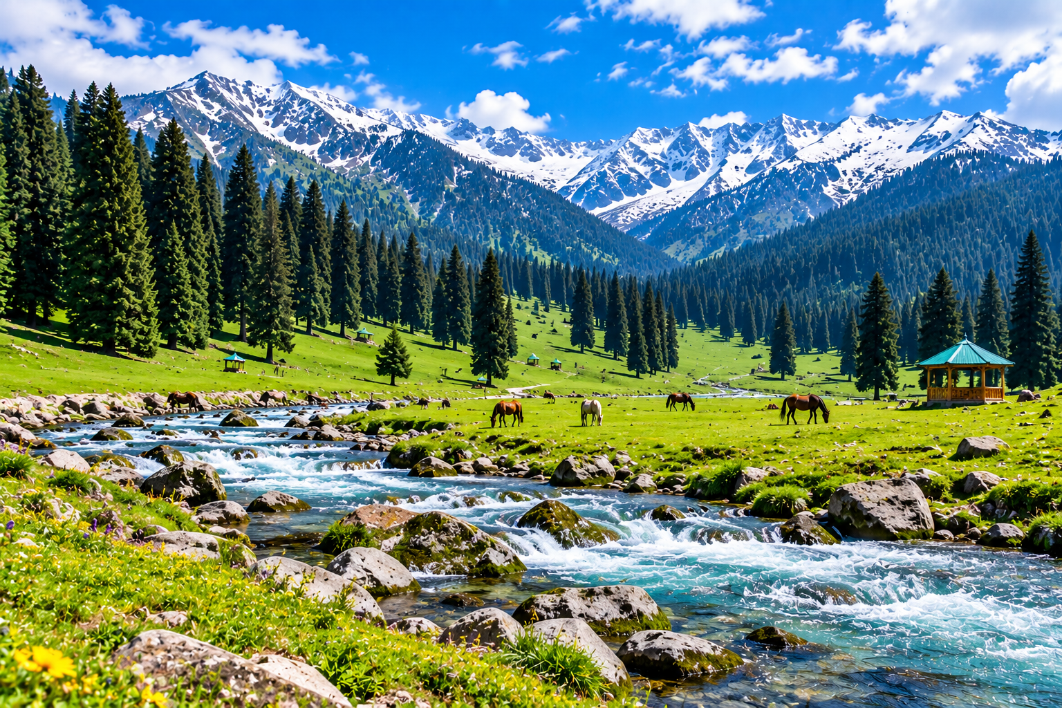 Meadows and a rushing stream at Doodhpathri, Kashmir