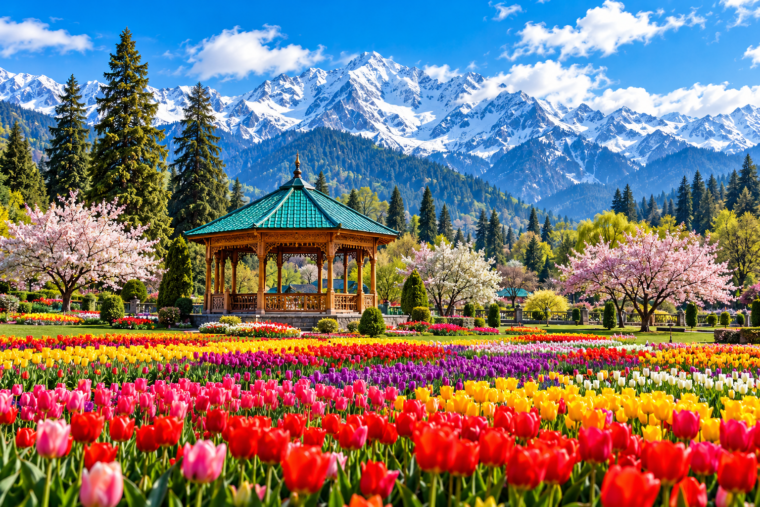 Tulip garden beneath snowy peaks on a custom Kashmir trip
