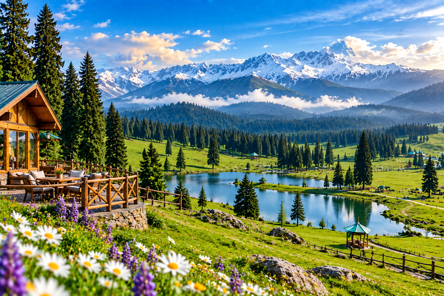 Alpine meadow and lake at Yusmarg, Kashmir